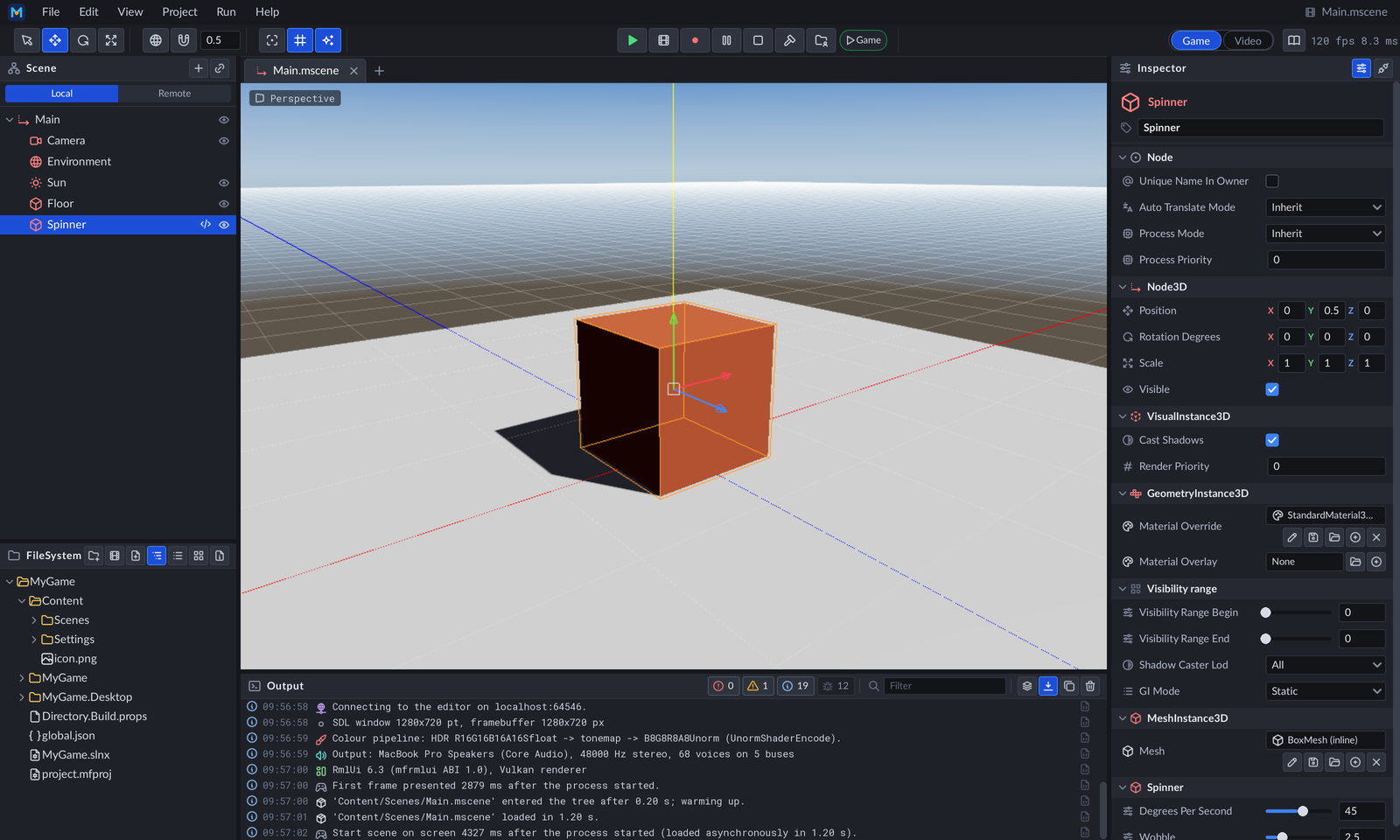 A new game project in the editor after a code reload: the Spinner's new Wobble property in the inspector