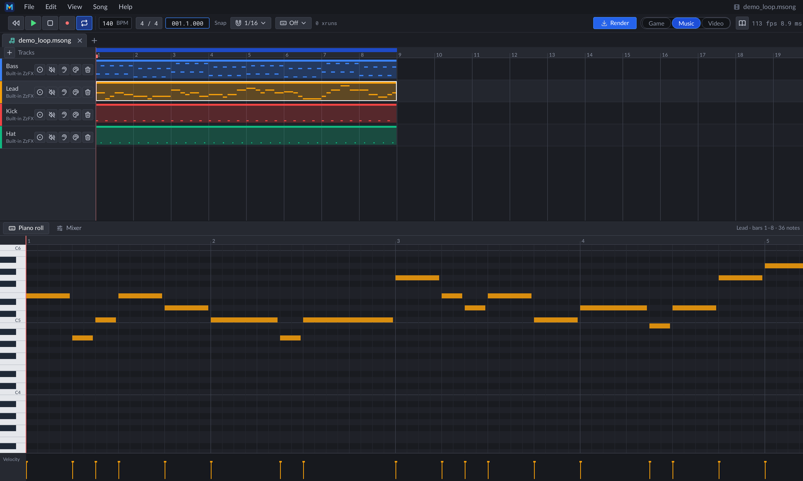Music mode: the Demo's song, its arrangement and the Lead clip in the piano roll, the transport in the toolbar