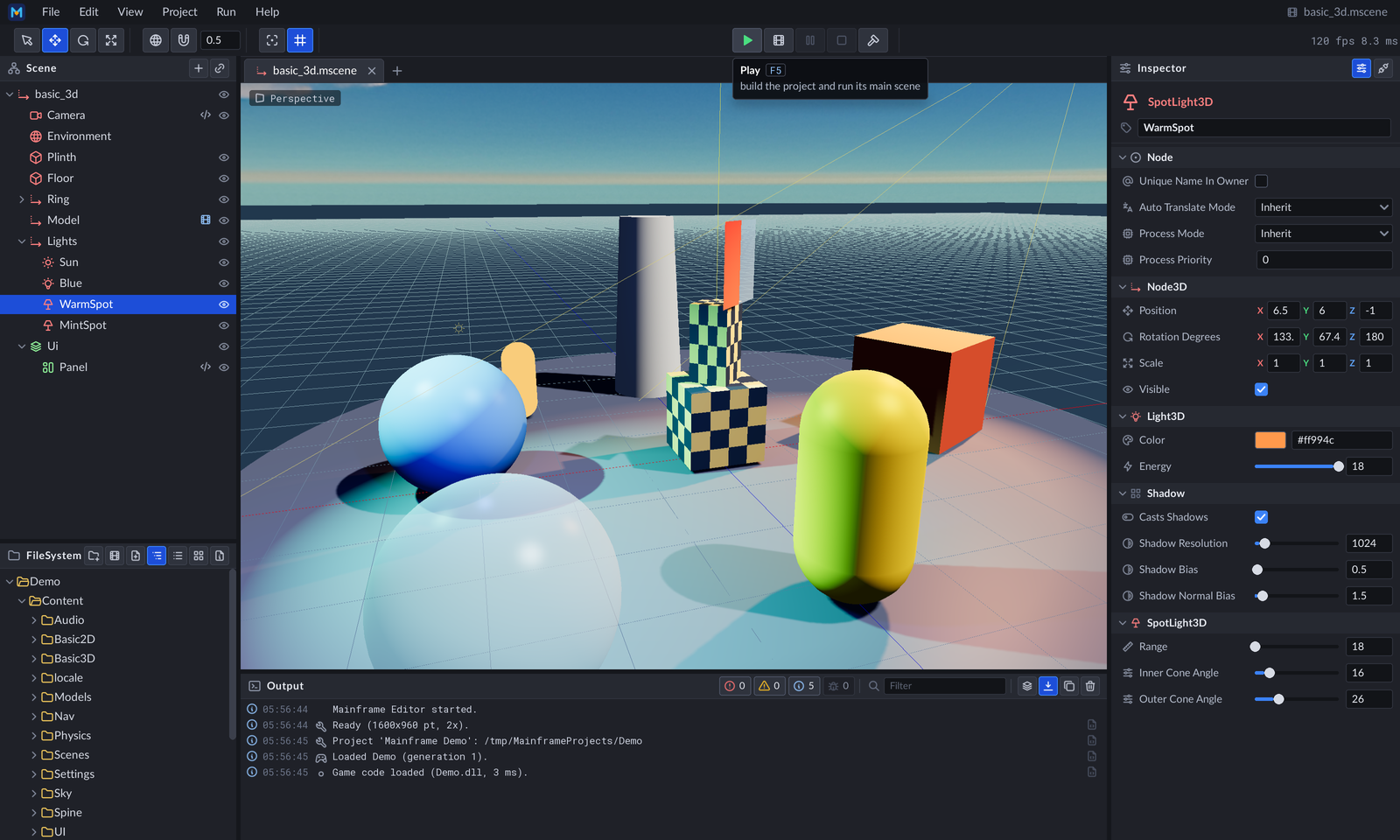 The editor with the Demo's Basic 3D scene